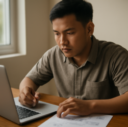 Pemuda belajar algoritma secara mandiri di meja kerja dengan laptop dan catatan