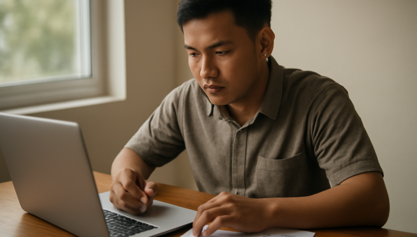 Pemuda belajar algoritma secara mandiri di meja kerja dengan laptop dan catatan