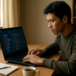 Seorang pemula belajar algoritma dengan laptop dan catatan di meja kayu