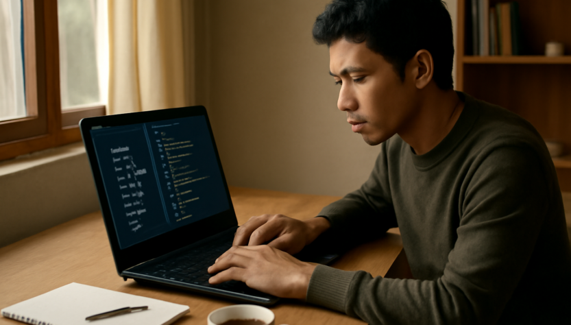 Seorang pemula belajar algoritma dengan laptop dan catatan di meja kayu