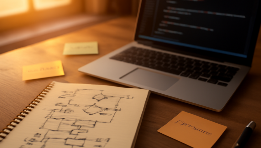 Meja kerja dengan catatan pseudocode dan laptop untuk latihan logika algoritma harian