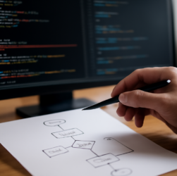 Ilustrasi kesalahan umum saat menerapkan algoritma dengan kode error dan flowchart