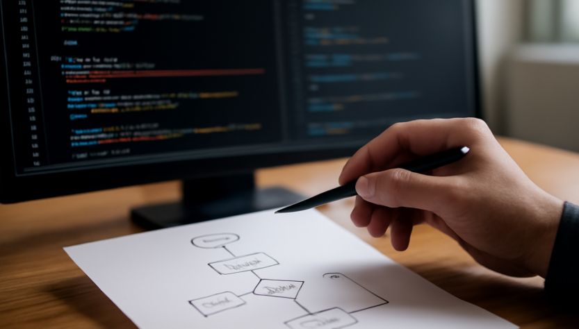Ilustrasi kesalahan umum saat menerapkan algoritma dengan kode error dan flowchart