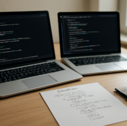 Meja kerja dengan dua laptop menampilkan kode dan catatan algoritma untuk perbandingan bahasa pemrograman