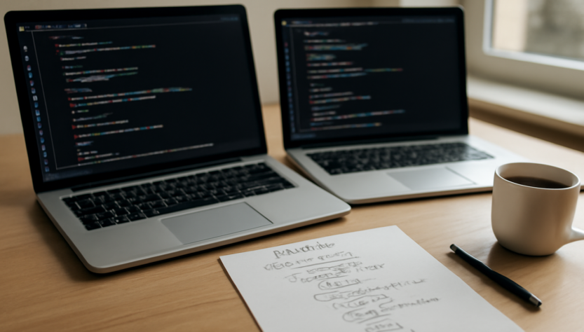 Meja kerja dengan dua laptop menampilkan kode dan catatan algoritma untuk perbandingan bahasa pemrograman