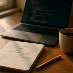 Meja belajar dengan catatan algoritma tulisan tangan dan laptop berisi editor kode