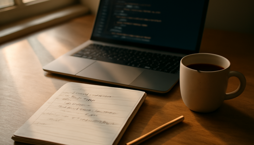 Meja belajar dengan catatan algoritma tulisan tangan dan laptop berisi editor kode