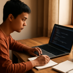 Pemula belajar pemrograman di laptop dengan catatan dan kopi
