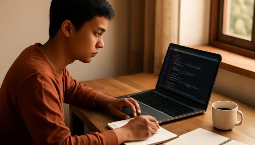 Pemula belajar pemrograman di laptop dengan catatan dan kopi